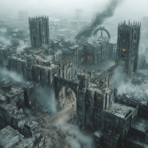 Gloomy city streets with factories and dirty buildings.