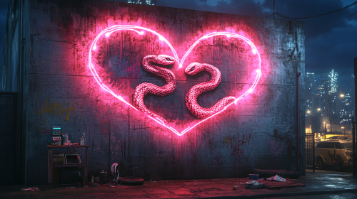 Graffiti art with snakes, cityscape, medical equipment, neon lights. Graffiti art with snakes, cityscape, medical equipment, neon lights.