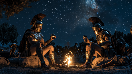 Greek soldiers sharing wine by campfire under starry sky.