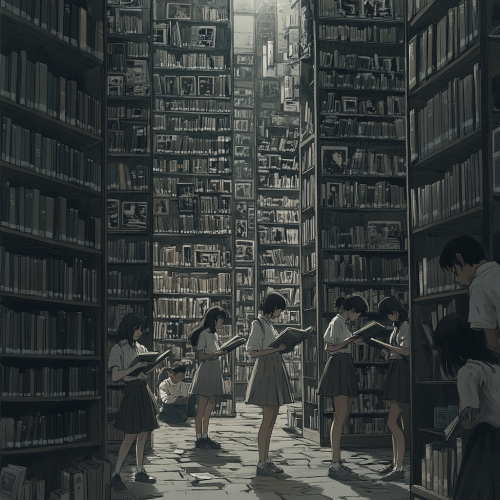 Group of students in dim library, frustrated over books.