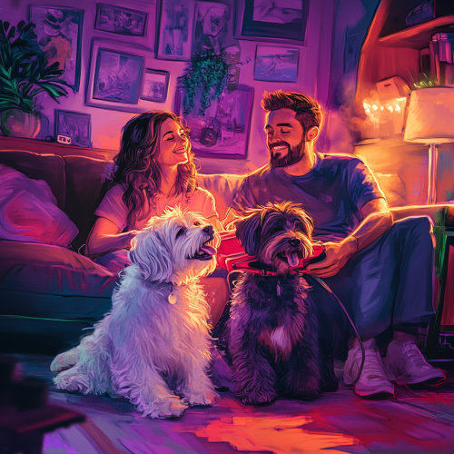 Happy couple grooming two dogs in colorful living room Happy couple grooming two dogs in colorful living room
