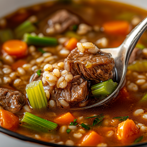 Hearty beef barley soup with vegetables and barley Hearty beef barley soup with vegetables and barley