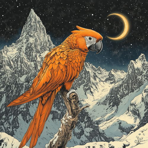 Highly detailed magical illustration focus on majestic orange parrot. Highly detailed magical illustration focus on majestic orange parrot.
