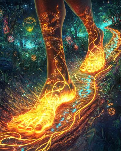 Image of Odú with glowing feet on mystical path. Image of Odú with glowing feet on mystical path.