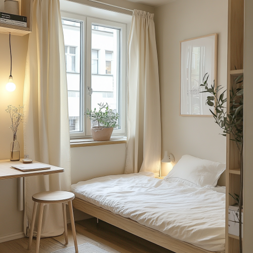Image of stylish 1K room with bed and chair. Image of stylish 1K room with bed and chair.