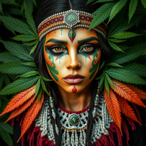 Indigenous Mexican Woman Amidst Trippy Hemp Leaves Indigenous Mexican Woman Amidst Trippy Hemp Leaves