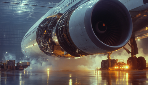 Industrial airplane turbine engine testing in cavernous hangar. Industrial airplane turbine engine testing in cavernous hangar.