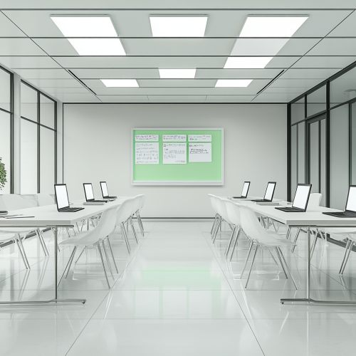 Inside modern meeting room for young people, white tones.