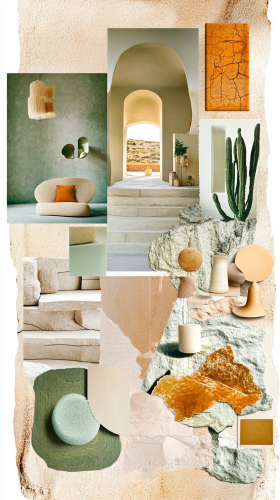 Interiors and decor moodboard with warm tones, boho style. Interiors and decor moodboard with warm tones, boho style.