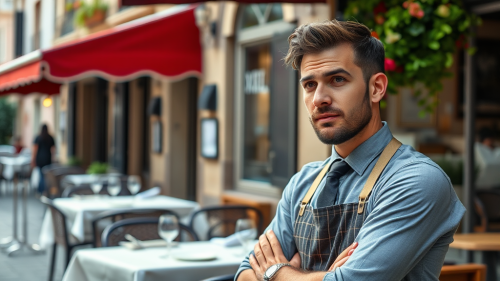 Italian Waiter's Quizzical Look Near a Restaurant Italian Waiter's Quizzical Look Near a Restaurant