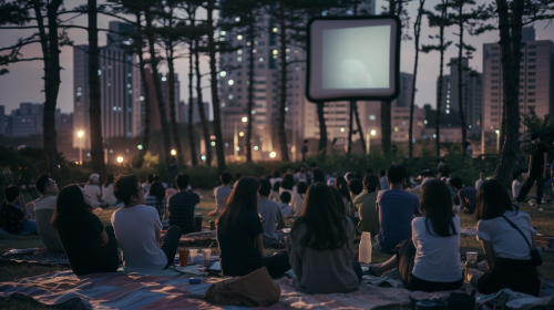 Korean people watching movie outdoors in city park. Korean people watching movie outdoors in city park.