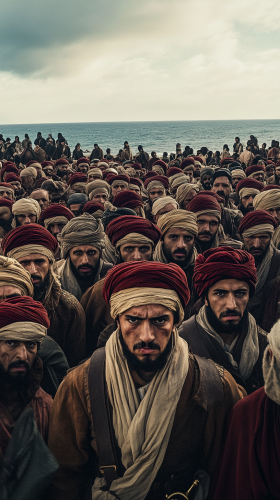 Large group of Ottoman prisoners looking weary on beach. Large group of Ottoman prisoners looking weary on beach.