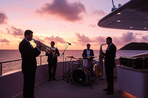 Luxury yacht in BVI, jazz band playing softly.
