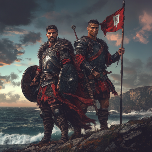 Luís Figo and Cristiano Ronaldo as Viking warriors.