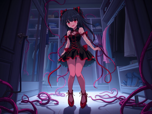 Madoka Kaname possessed by ghostly ballet flat shoes in closet. Madoka Kaname possessed by ghostly ballet flat shoes in closet.