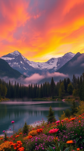 Magical landscape: lake, forests, mountains, sky colors. Magical landscape: lake, forests, mountains, sky colors.