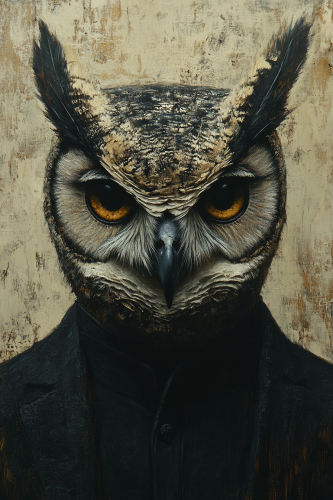 Male with owl head in vintage black attire art. Male with owl head in vintage black attire art.