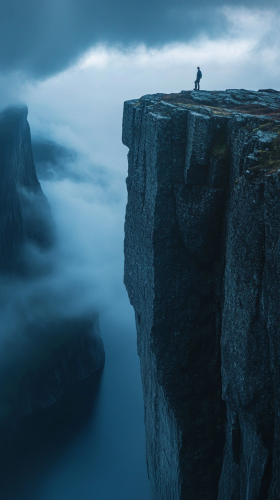Man climbing cliffs in Norway at night, mist clouds.