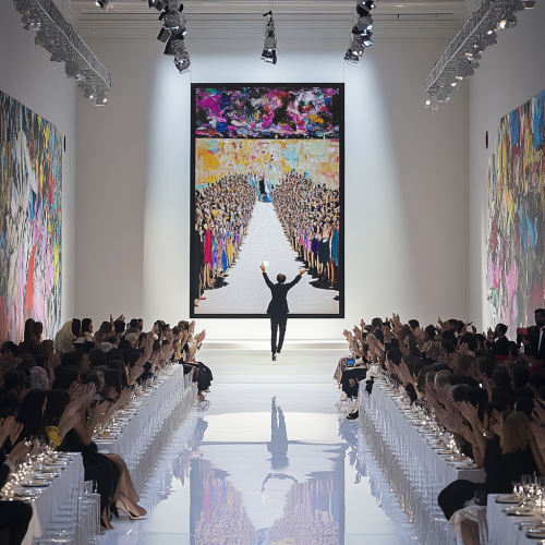 Man hangs large painting in fashionable runway show setting. Man hangs large painting in fashionable runway show setting.