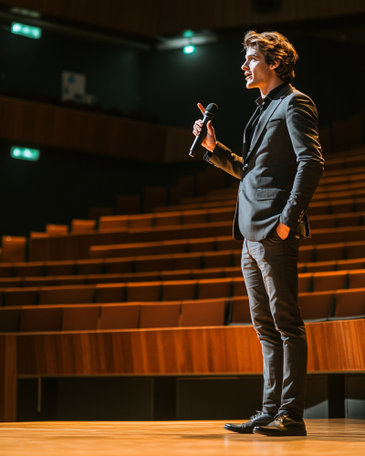 Man in suit speaking on stage with microphone Man in suit speaking on stage with microphone