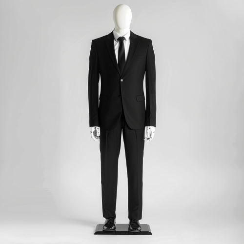 Mannequin in studio setting wears classic black suit clothes