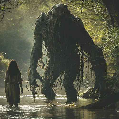 Marta walks towards water, Mohán lurking behind her.