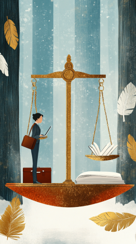 Maya contemplates balance scale with work and integrity.