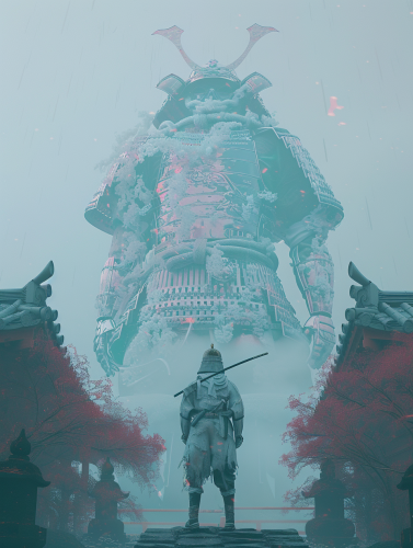 Medieval farmer gazes up at colossal samurai warrior. Medieval farmer gazes up at colossal samurai warrior.