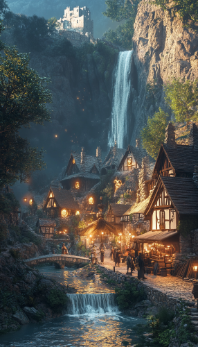Medieval village near magical waterfall in enchanted valley. Medieval village near magical waterfall in enchanted valley.