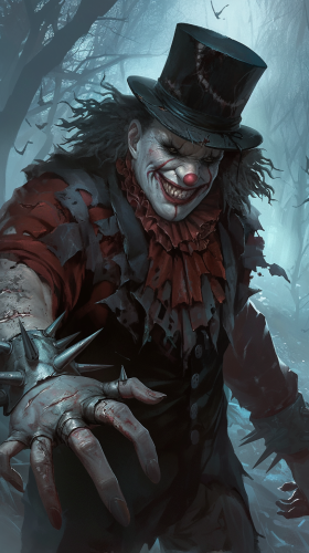 Menacing Clown in Dark, Spooky Forest Illustration Menacing Clown in Dark, Spooky Forest Illustration