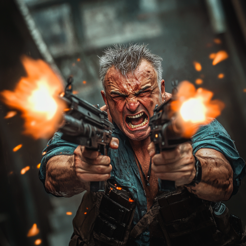 Middle-aged man with machine guns screaming and shooting. Middle-aged man with machine guns screaming and shooting.