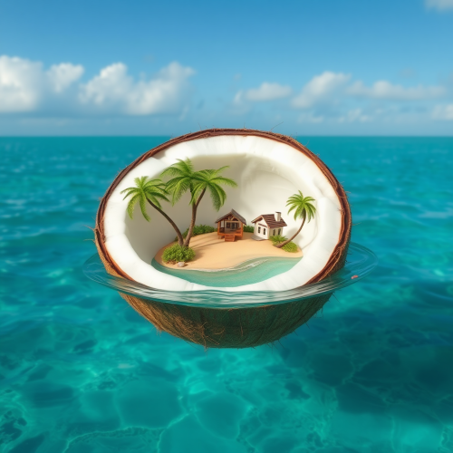 Miniature Island Inside Coconut Floating in Sea Miniature Island Inside Coconut Floating in Sea
