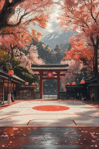 Minimalist basketball court with Japanese flag colors, cherry blossoms. Minimalist basketball court with Japanese flag colors, cherry blossoms.