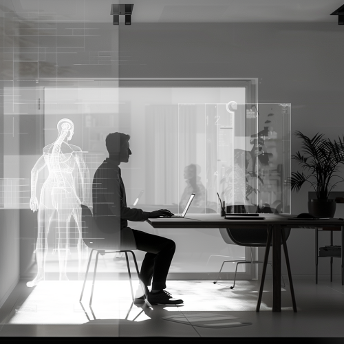 Minimalist black and white workspace with human and AI collaboration Minimalist black and white workspace with human and AI collaboration