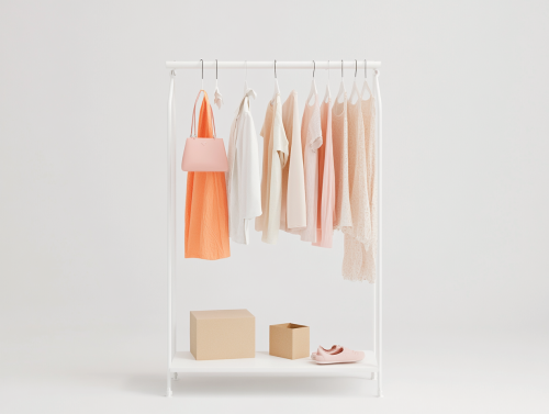 Minimalist clothing display with mix of styles and colors. Minimalist clothing display with mix of styles and colors.