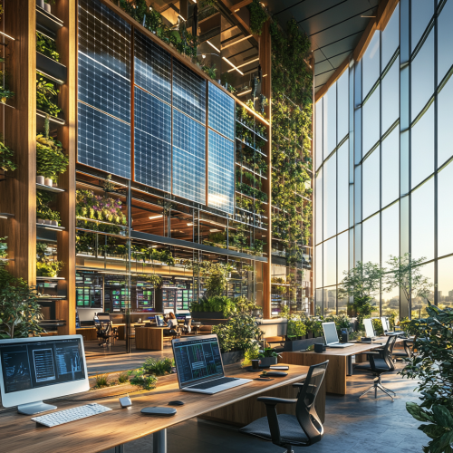 Modern, sustainable office with eco-friendly features, collaborative environment. Modern, sustainable office with eco-friendly features, collaborative environment.