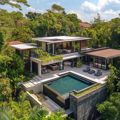 Modern main house with rooftop terrace, pool, guest house.