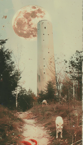 Moonlit forest scene with dog, wolf, and crayfish. Moonlit forest scene with dog, wolf, and crayfish.