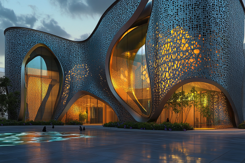 Mosque design with wave-like structure, ocean-blue glass, & greenery. Mosque design with wave-like structure, ocean-blue glass, & greenery.