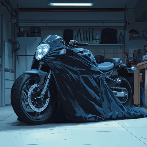Motorcycle covered with moisture-absorbing material stored in garage. Motorcycle covered with moisture-absorbing material stored in garage.