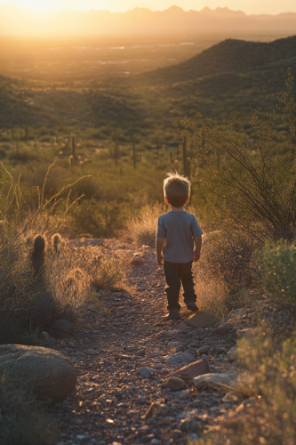 Movie poster style photo of small boy in desert.