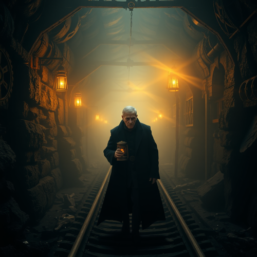 Mysterious grand admiral in steampunk mine at night. Mysterious grand admiral in steampunk mine at night.