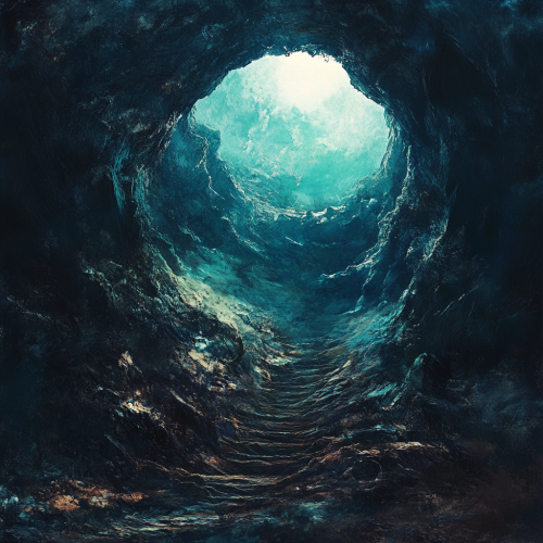 Mystical album cover journey deep underwater cavern.