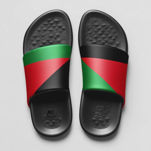 Nike-inspired sandals with flag design, bold colors, thick straps. Nike-inspired sandals with flag design, bold colors, thick straps.