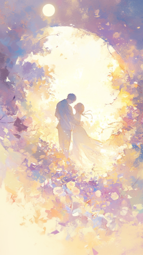 Partner dance in peaceful meadow, moonlight glow illuminates love.