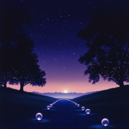 Pathway of glowing orbs leads towards ethereal light. Pathway of glowing orbs leads towards ethereal light.