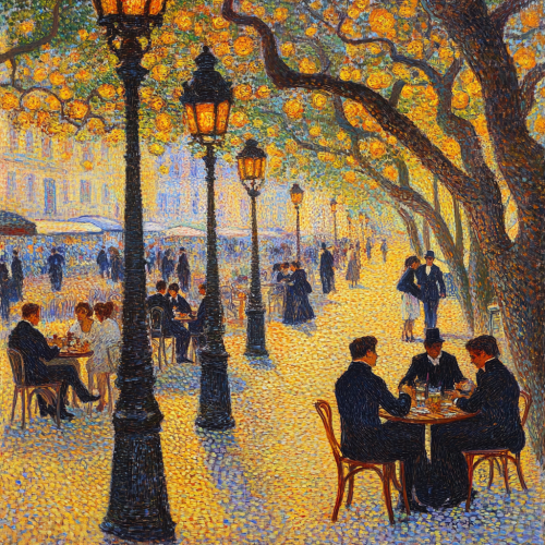 People in Copacabana painting: yellow lights, coffee, shadows. People in Copacabana painting: yellow lights, coffee, shadows.