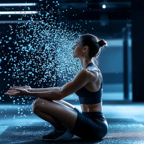 Person exercising with cortisol molecules disappearing. Stress regulation visualized.