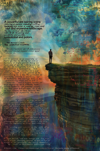 Person standing confidently on cliff, words of empowerment.