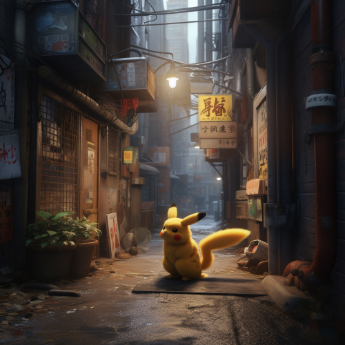 Photorealistic Pikachu with fluffy fur in Japanese alleyway Photorealistic Pikachu with fluffy fur in Japanese alleyway